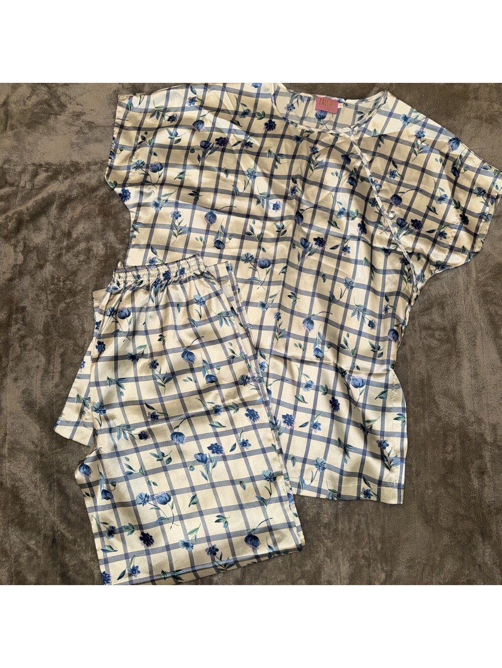 Cassini Women’s Pajama Set Blue Floral Plaid Button Front Size Medium M